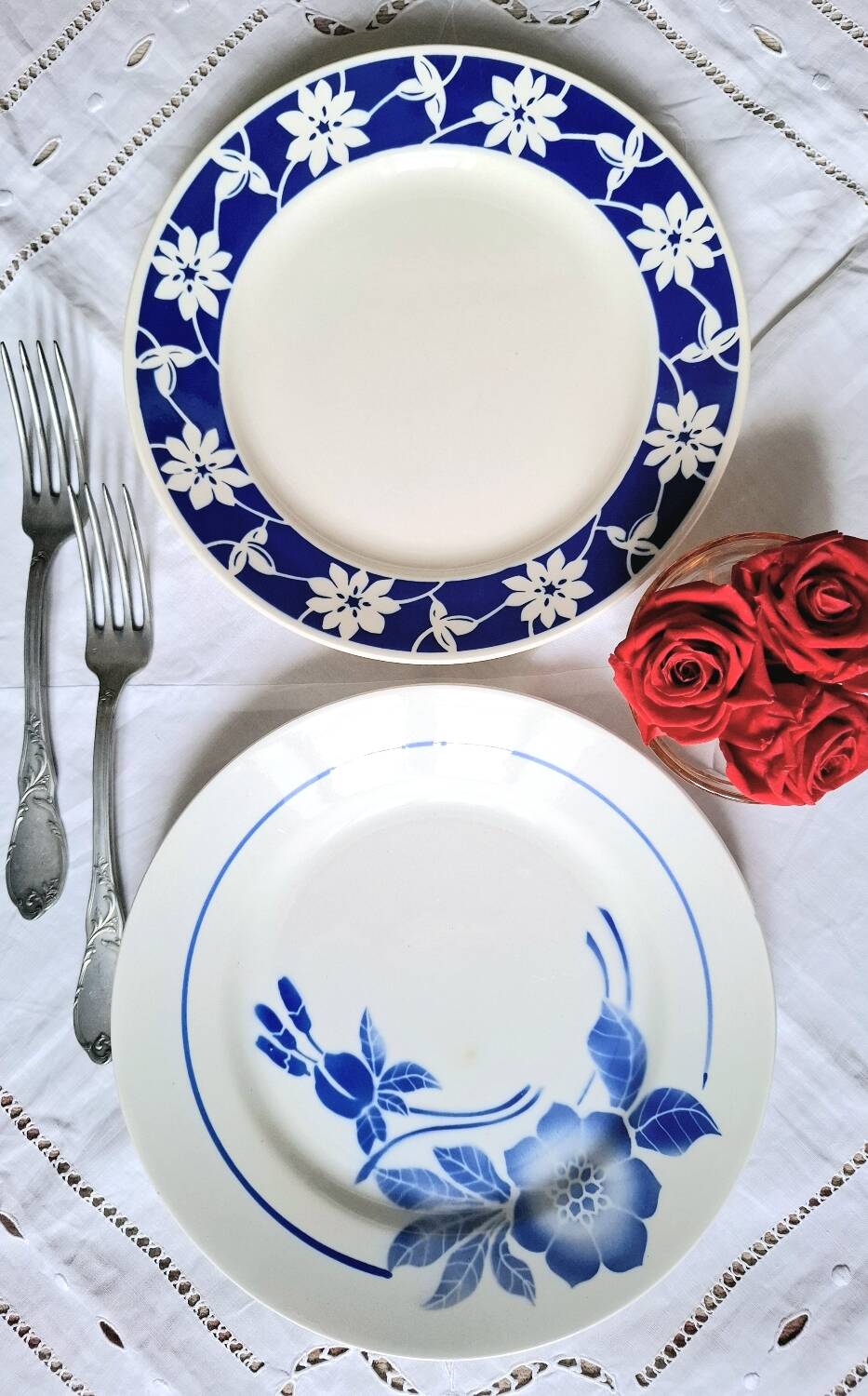 Mismatched antique flat plates in earthenware