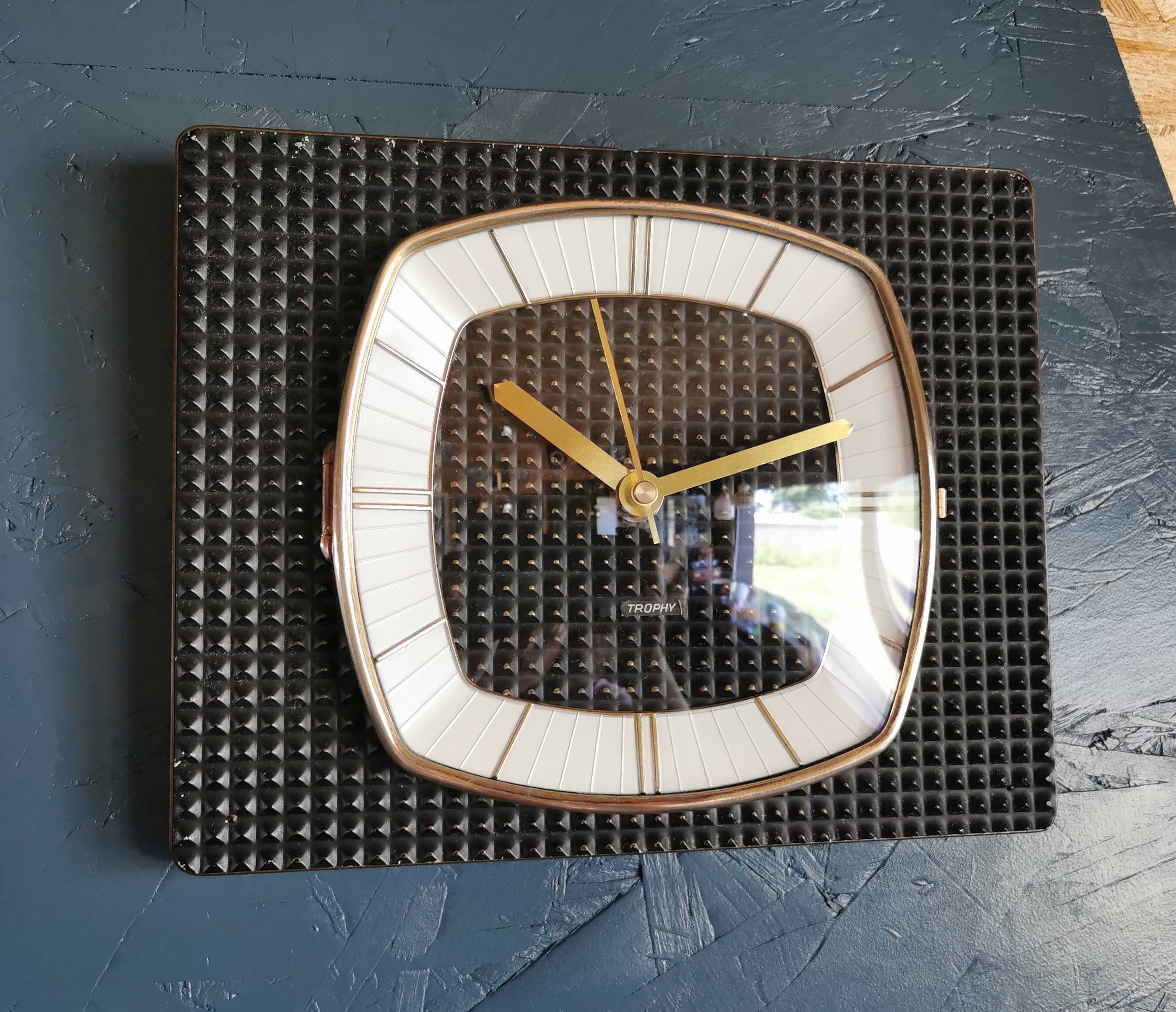 Vintage formica clock rectangular silent wall pendulum "Trophy black reliefs"