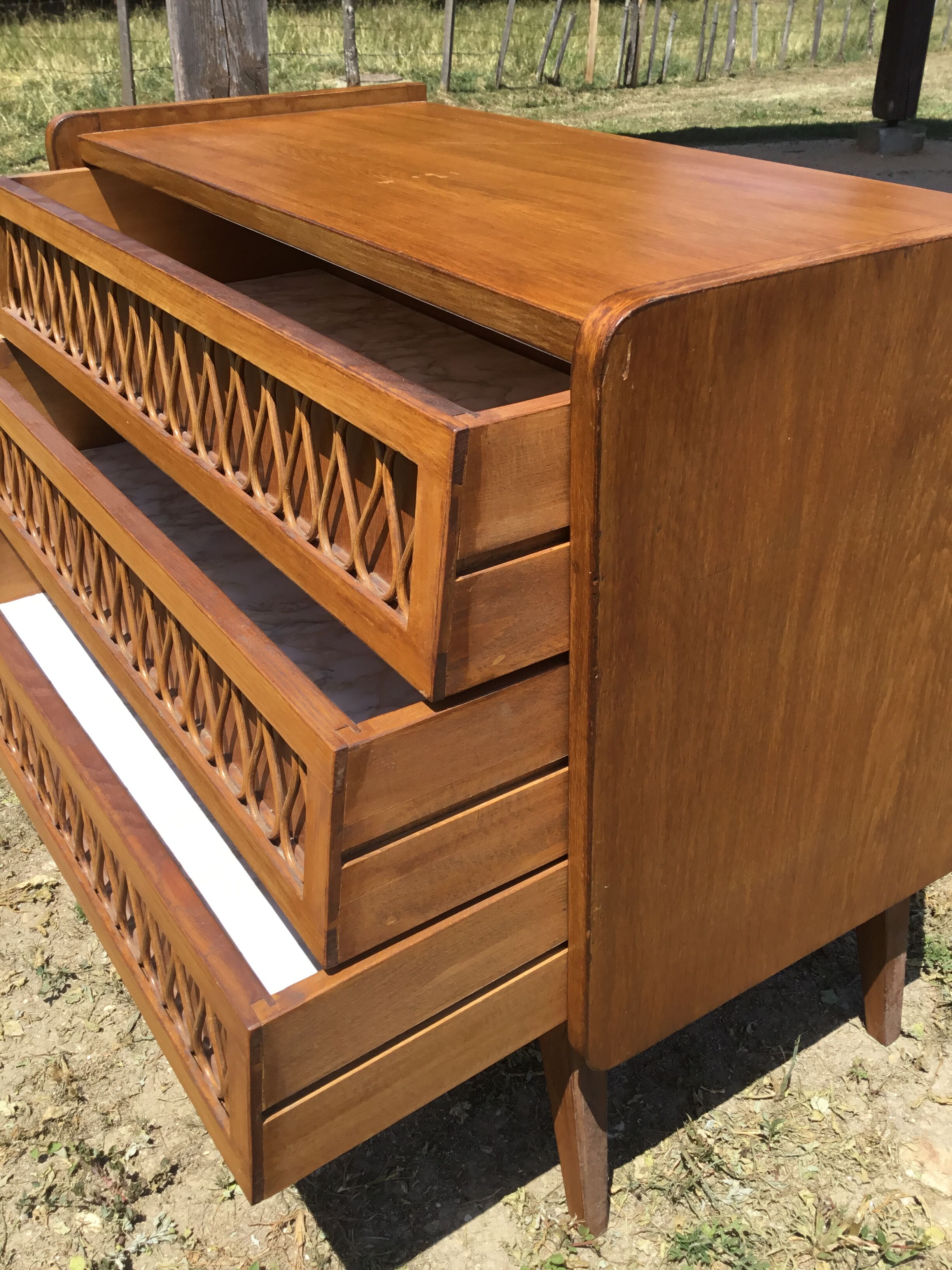 Vintage wood and rattan chest of drawers