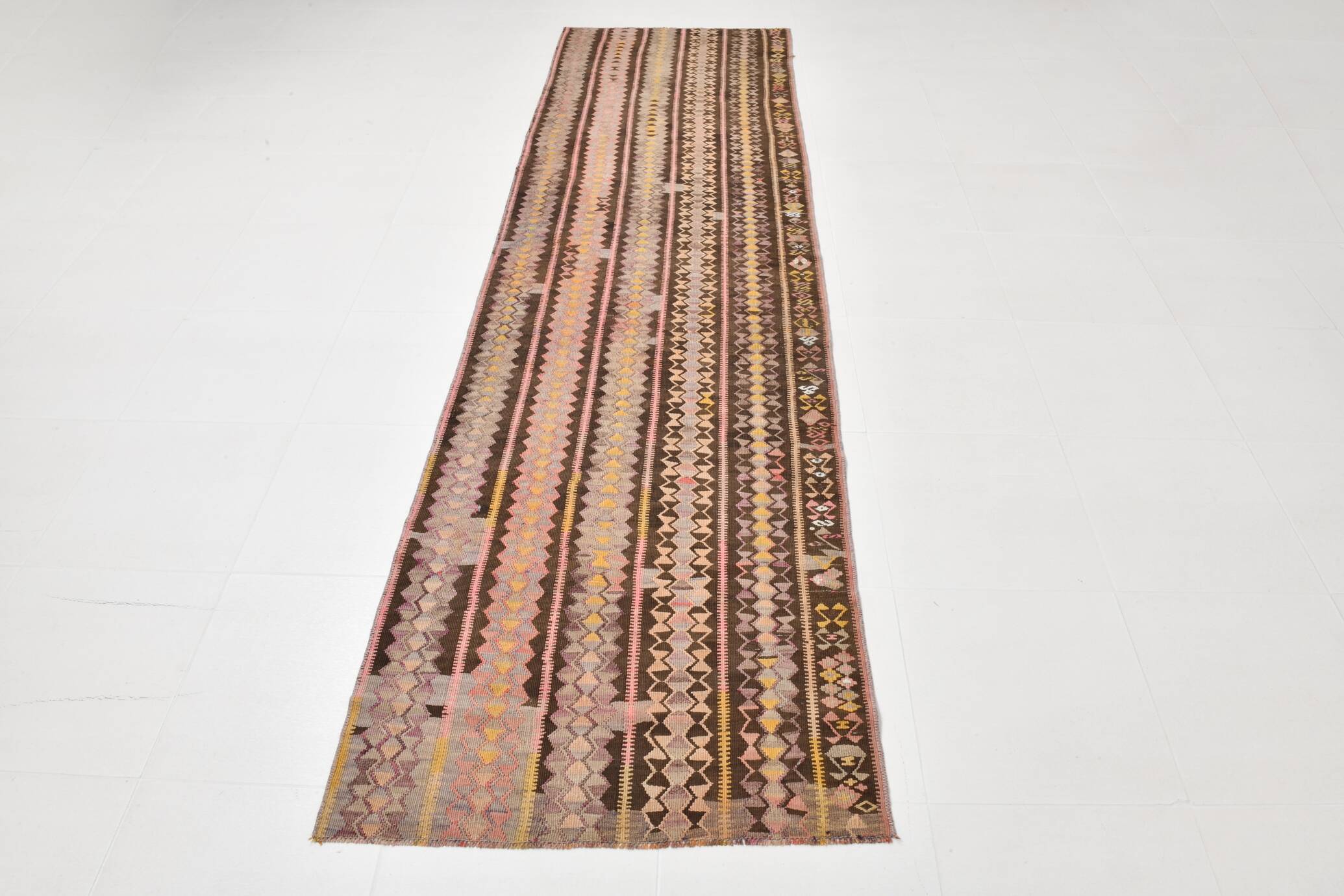 3x10 Pink & Brown Tribal Kilim Runner Rug, 88x313Cm