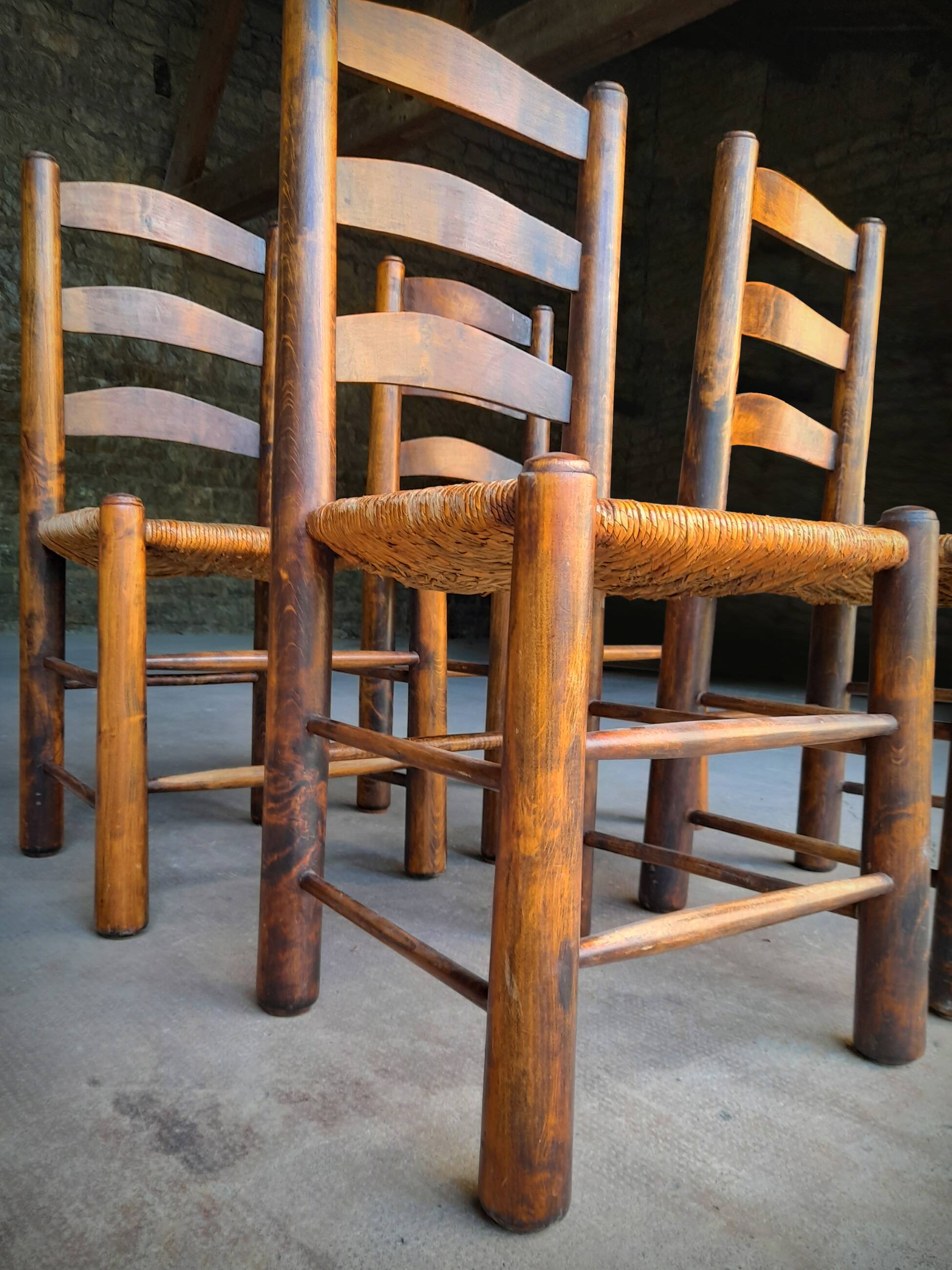 Set of 4 straw-covered brutalist chairs by George Robert