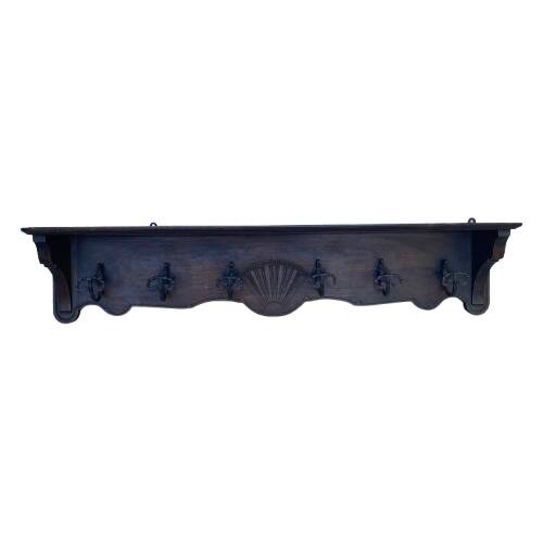 Large antique wall-mounted coat rack in carved wood 135 cm
