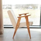 Fauteuil Lounge Vintage Crème Blanche Tissu Bois Naturel Design Scandinave