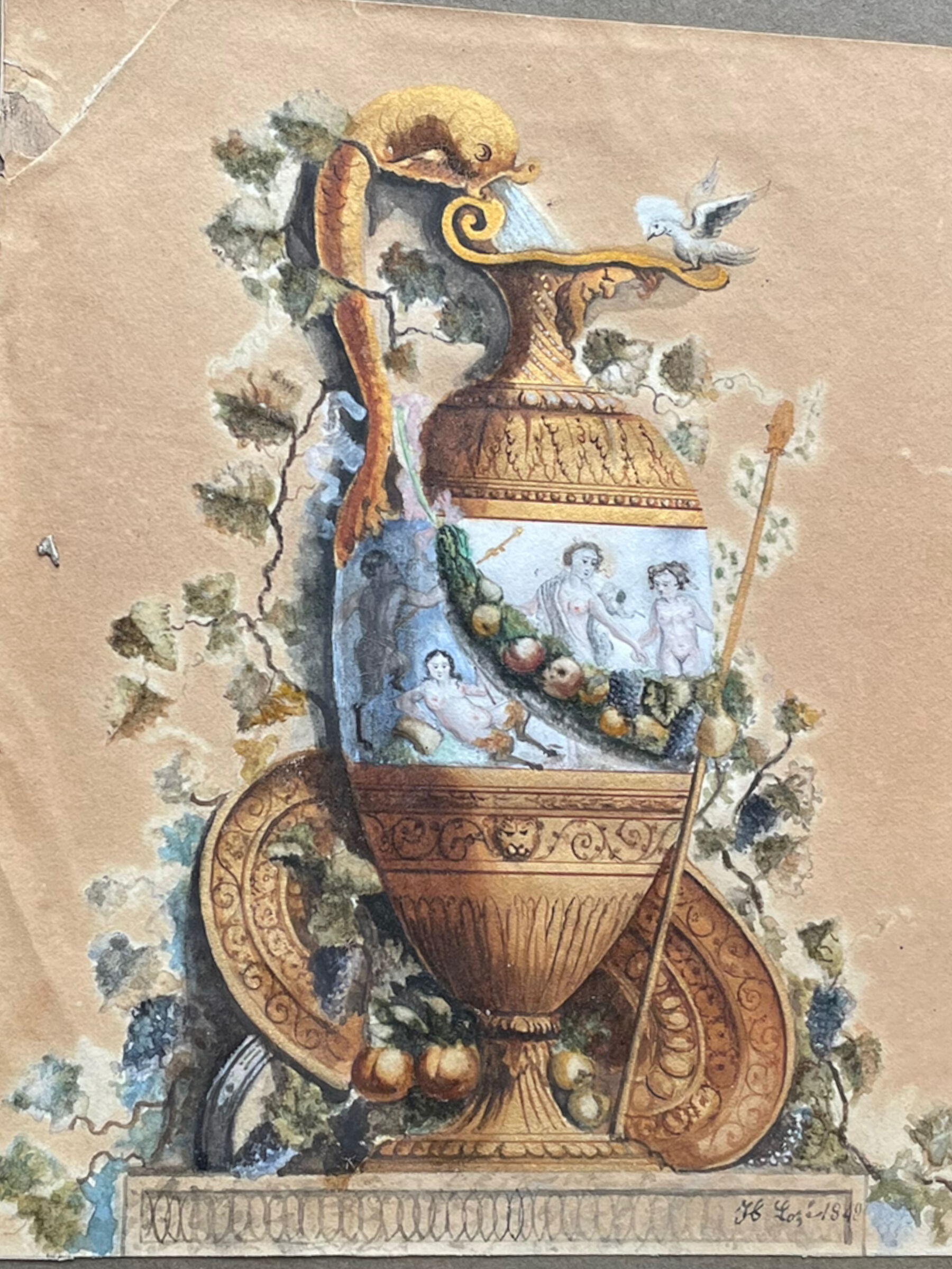Watercolor XIXth Fountain at Antique Signed H. Lozé