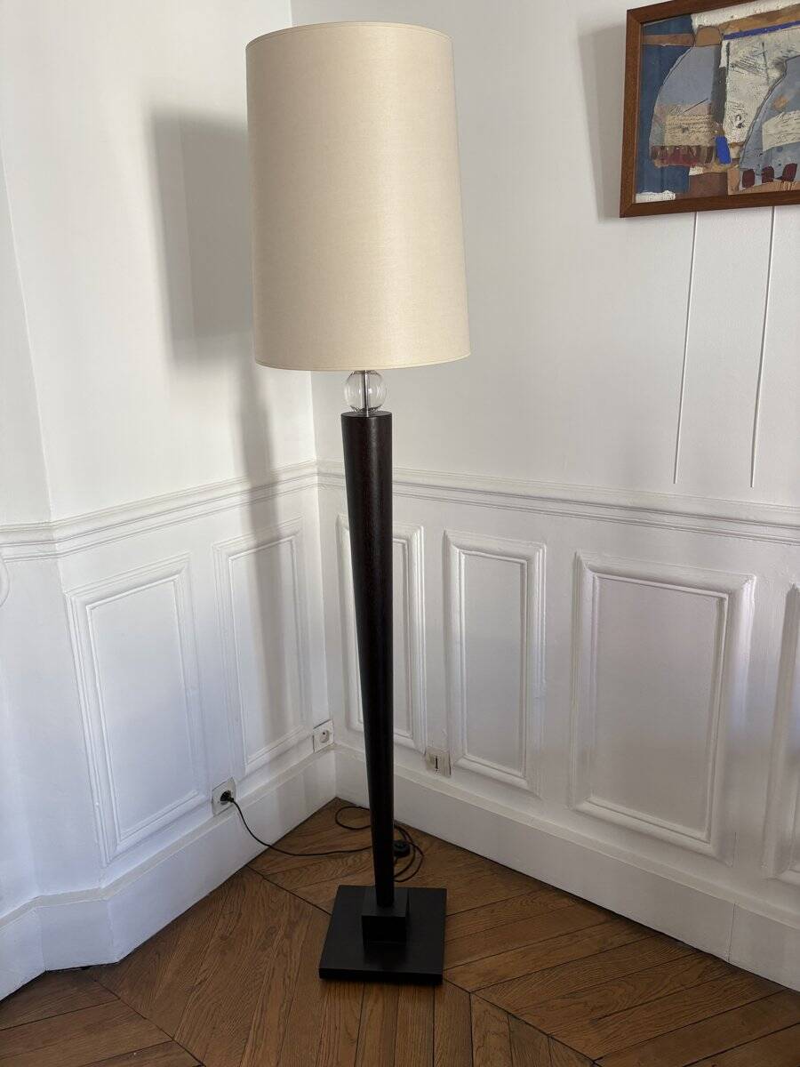 Wooden floor lamp - conical base and glass globe