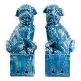 Pair of Foo dogs in turquoise glazed ceramic, Manises