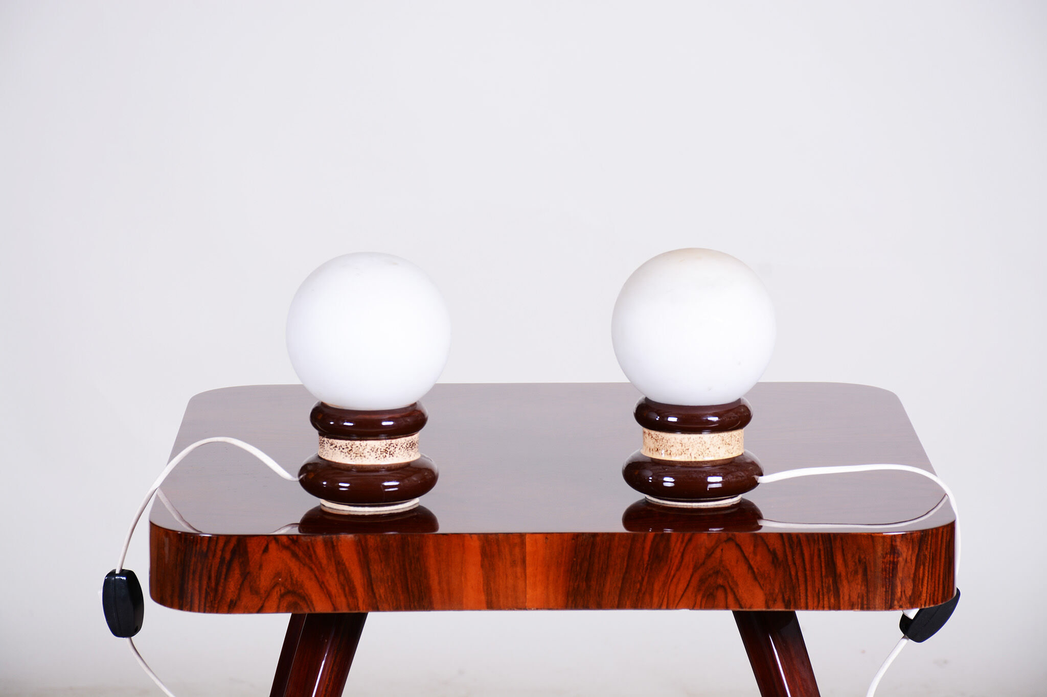 Pair of midcentury table lamps, ceramics, opal glass, functional, czechia, 1950s