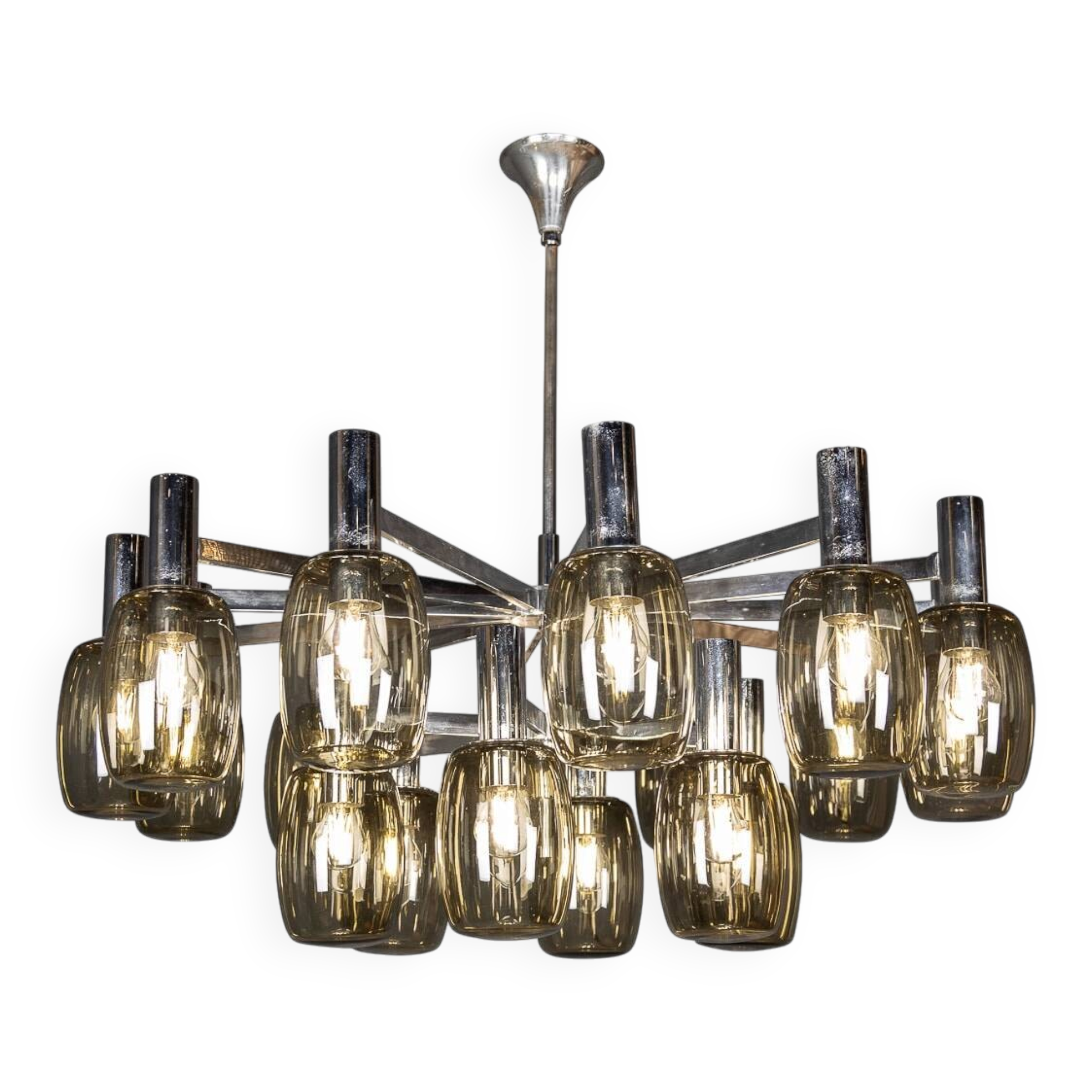 20thC ITALIAN CHROME & SMOKED GLASS EIGHTEEN LIGHT CHANDELIER c.1970
