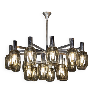 20thC ITALIAN CHROME & SMOKED GLASS EIGHTEEN LIGHT CHANDELIER c.1970