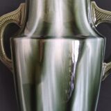 Pair of Art Deco vases in enameled earthenware with white drips on a green background