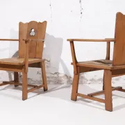 Pair of brutalist oak throne chairs with rush seats – Netherlands, 1930s