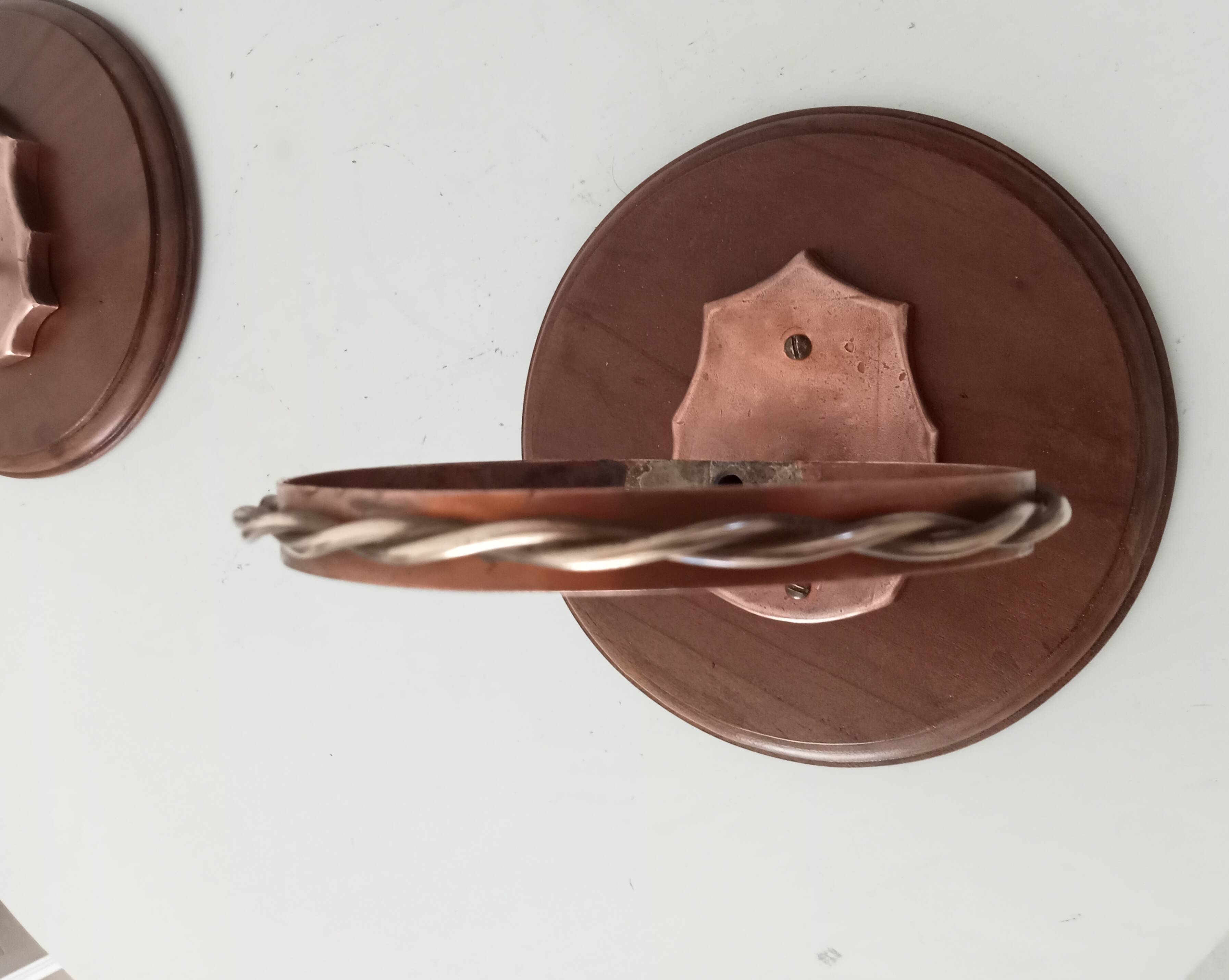 Vintage wall mounted plant holder in copper wood and brass from the 60s