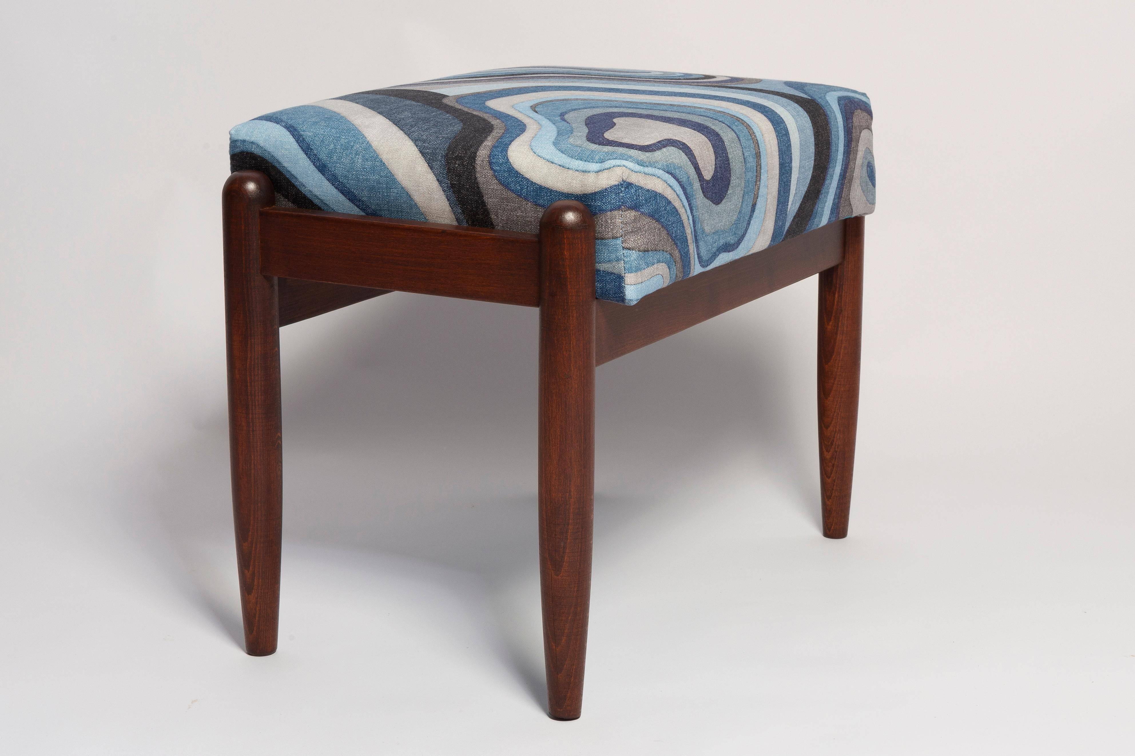 Set of two GFM stools in blue linen, mid-century style, Edmund Homa, Europe, 1960s.