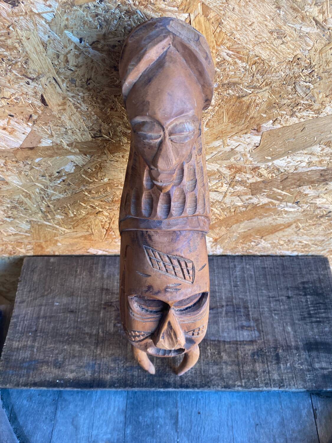 Sculpture African Mask Handcrafted Carved Wood Vintage #D882