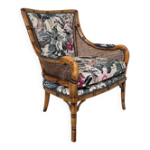 Fauteuil en bois imitant le bambou et tissu imprimé animal, 1980