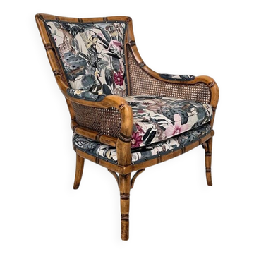 Fauteuil en bois imitant le bambou et tissu imprimé animal, 1980