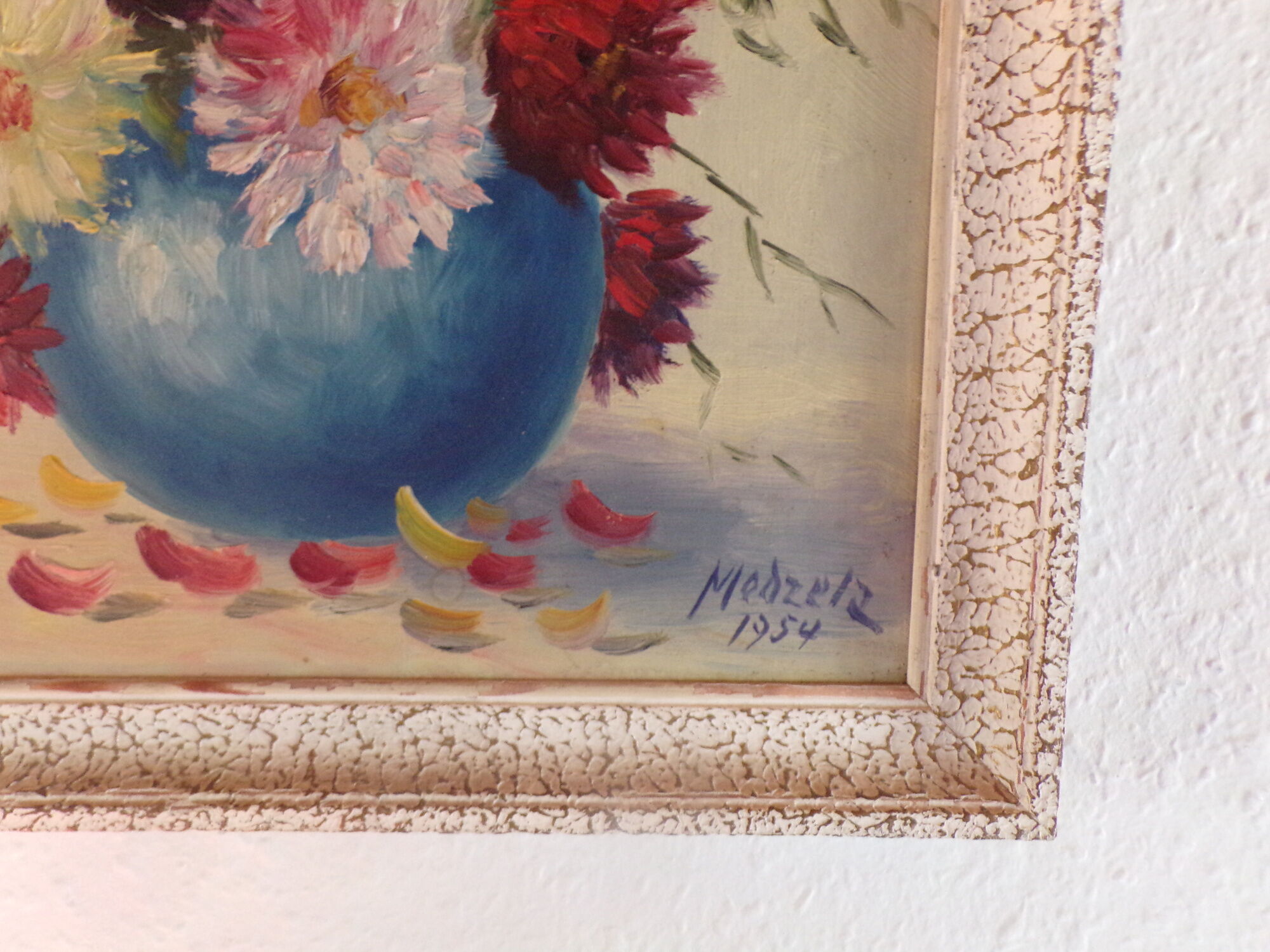 Oil on panel painting still life bouquet of flowers signed Medzelz