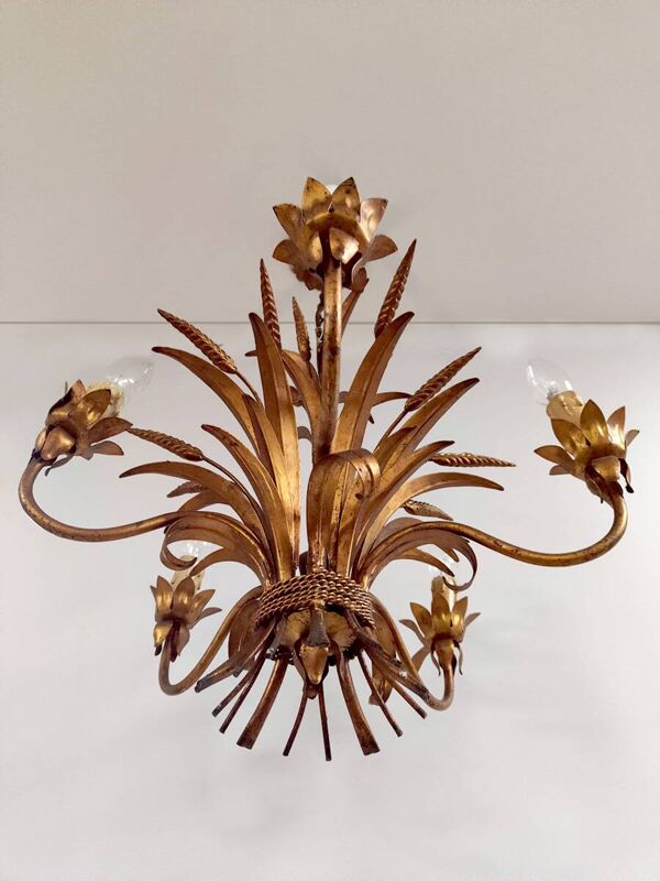 Lampe à suspension vintage Hollywood Regency en laiton blé