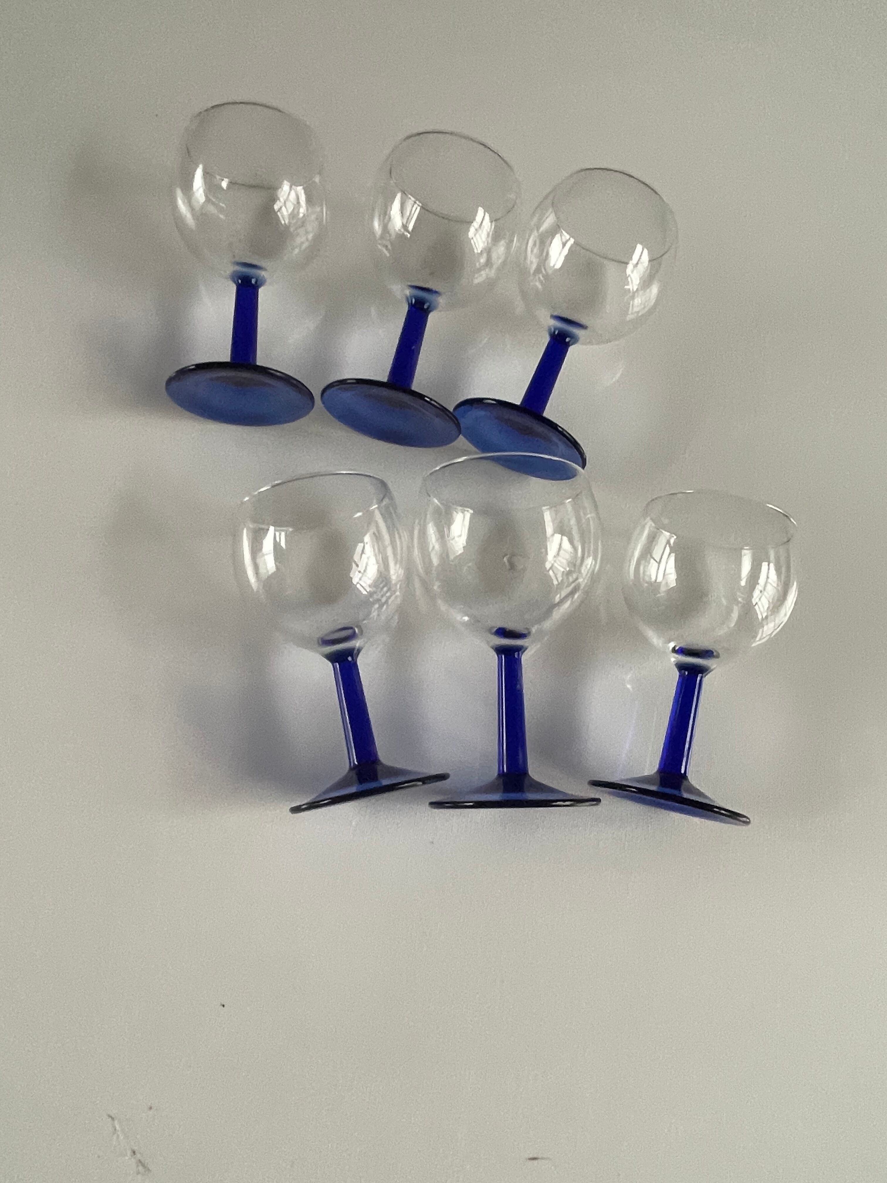 6 glasses 13 cm wine ARC France vintage foot blue stem