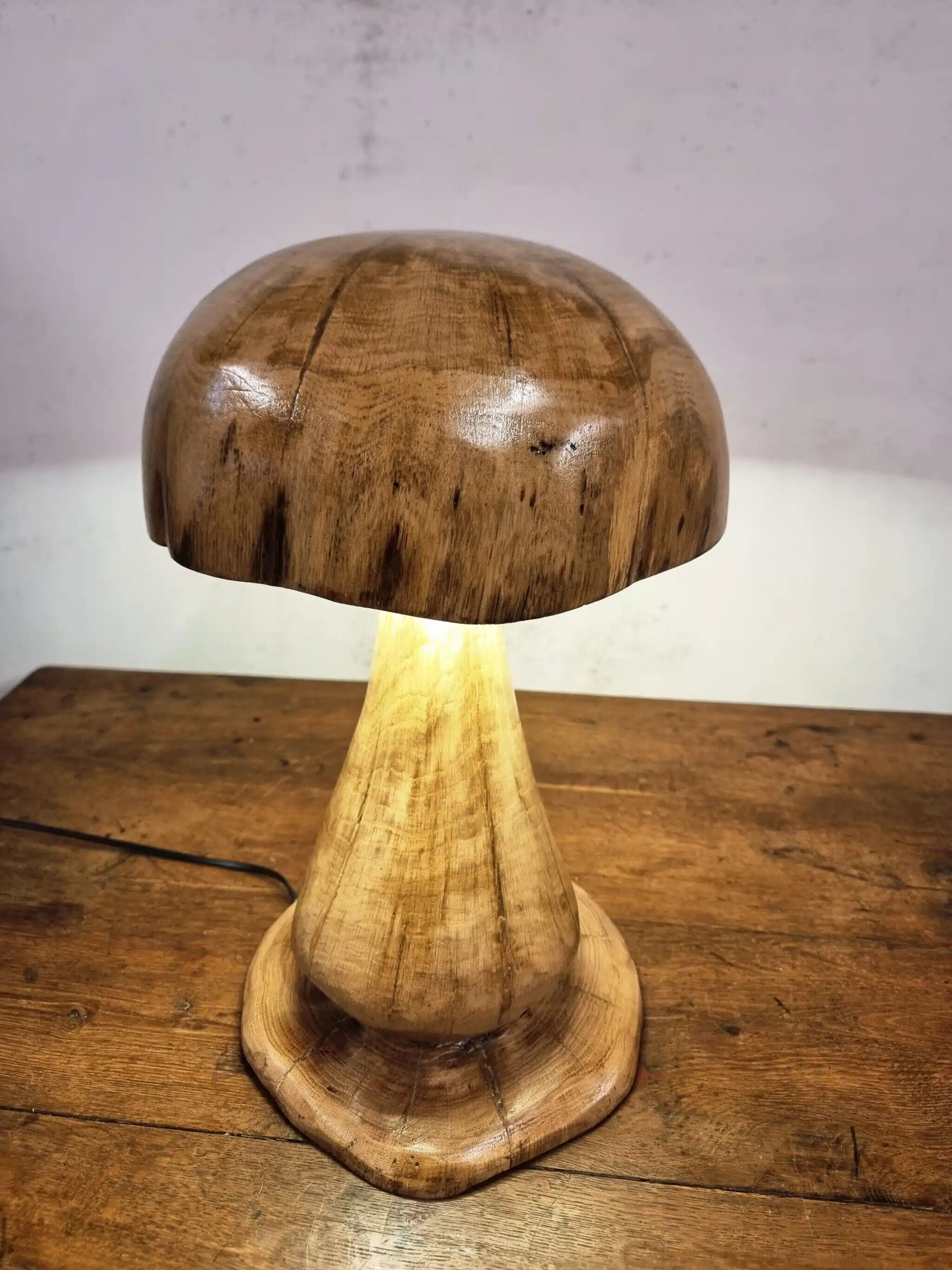 Hand-carved oak table lamp in the shape of a mushroom