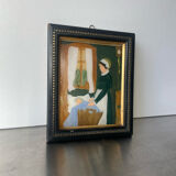 Peinture ancienne sur verre cadre en bois noir avec dorure 16,5 cm x 13,5 cm