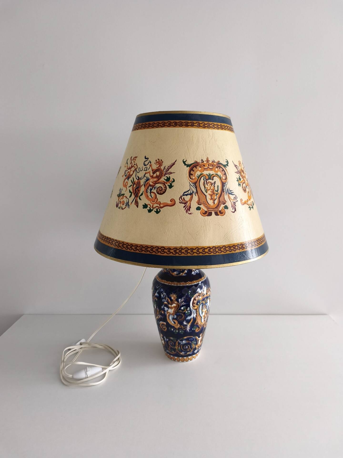 Grande lampe à poser faïence de Gien abat-jour d'origine - Renaissance