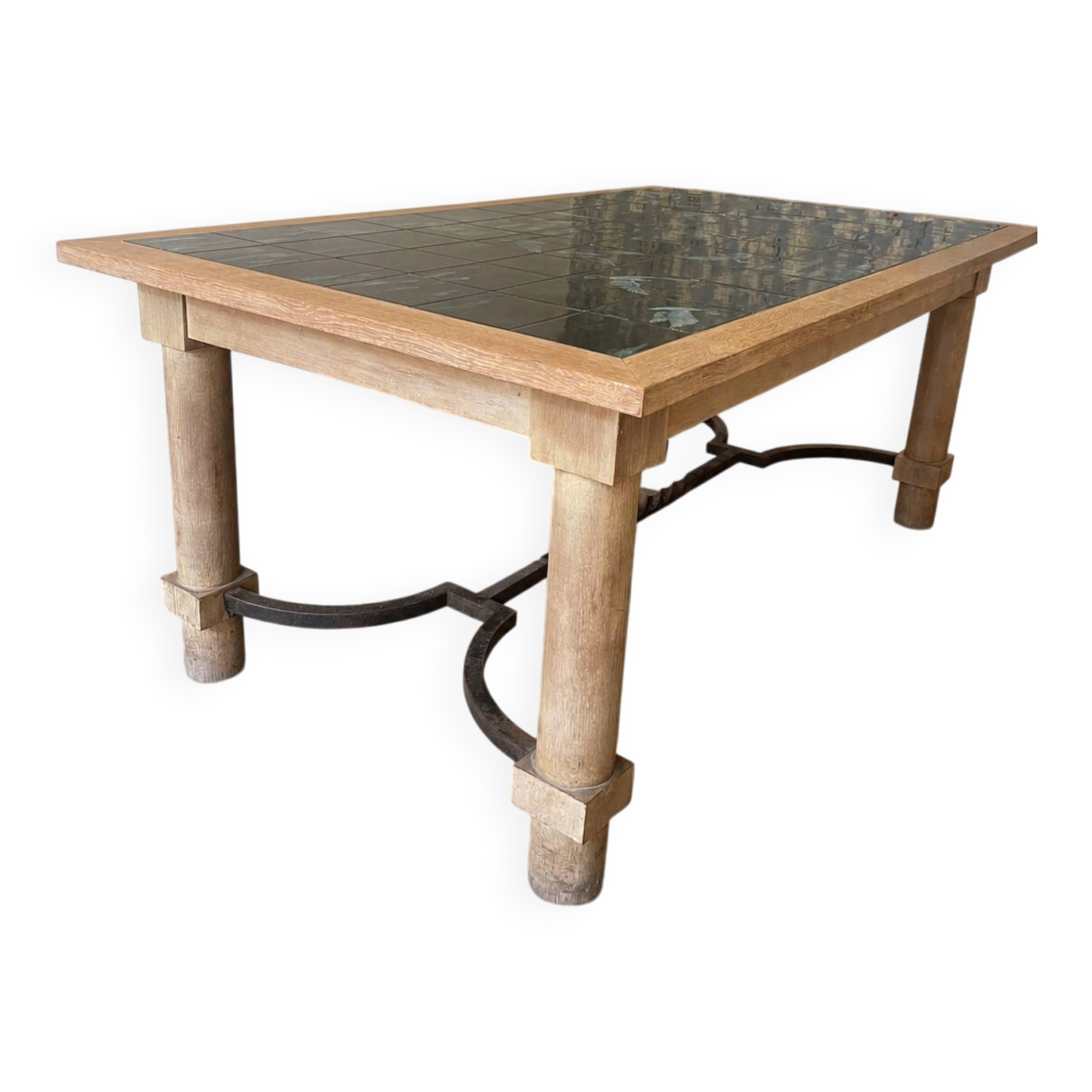 dining table in solid cherry wood and ceramic signed Philippe Rouart