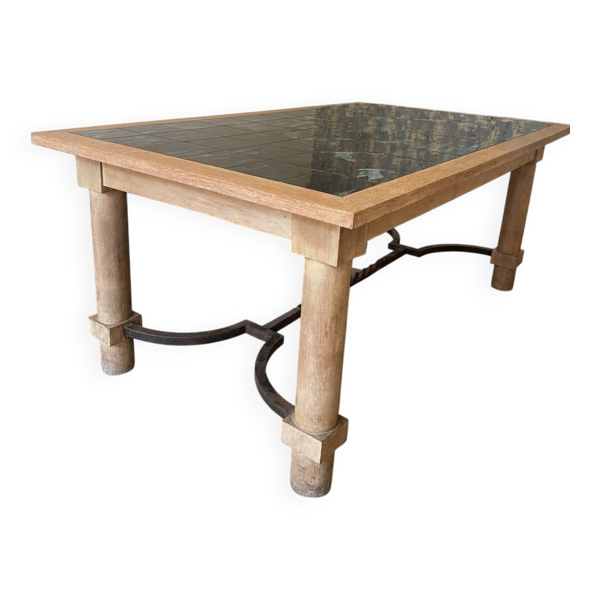 table à manger en merisier massif et céramique signée Philippe Rouart