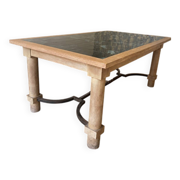 dining table in solid cherry wood and ceramic signed Philippe Rouart