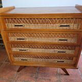 Commode en bois et rotin des années 70