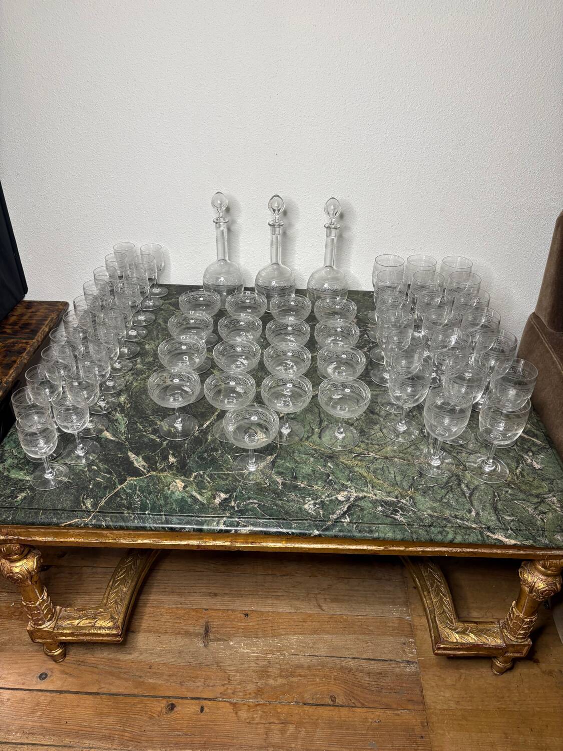 Baccarat crystal glassware and decanter set, Athenian engraving
