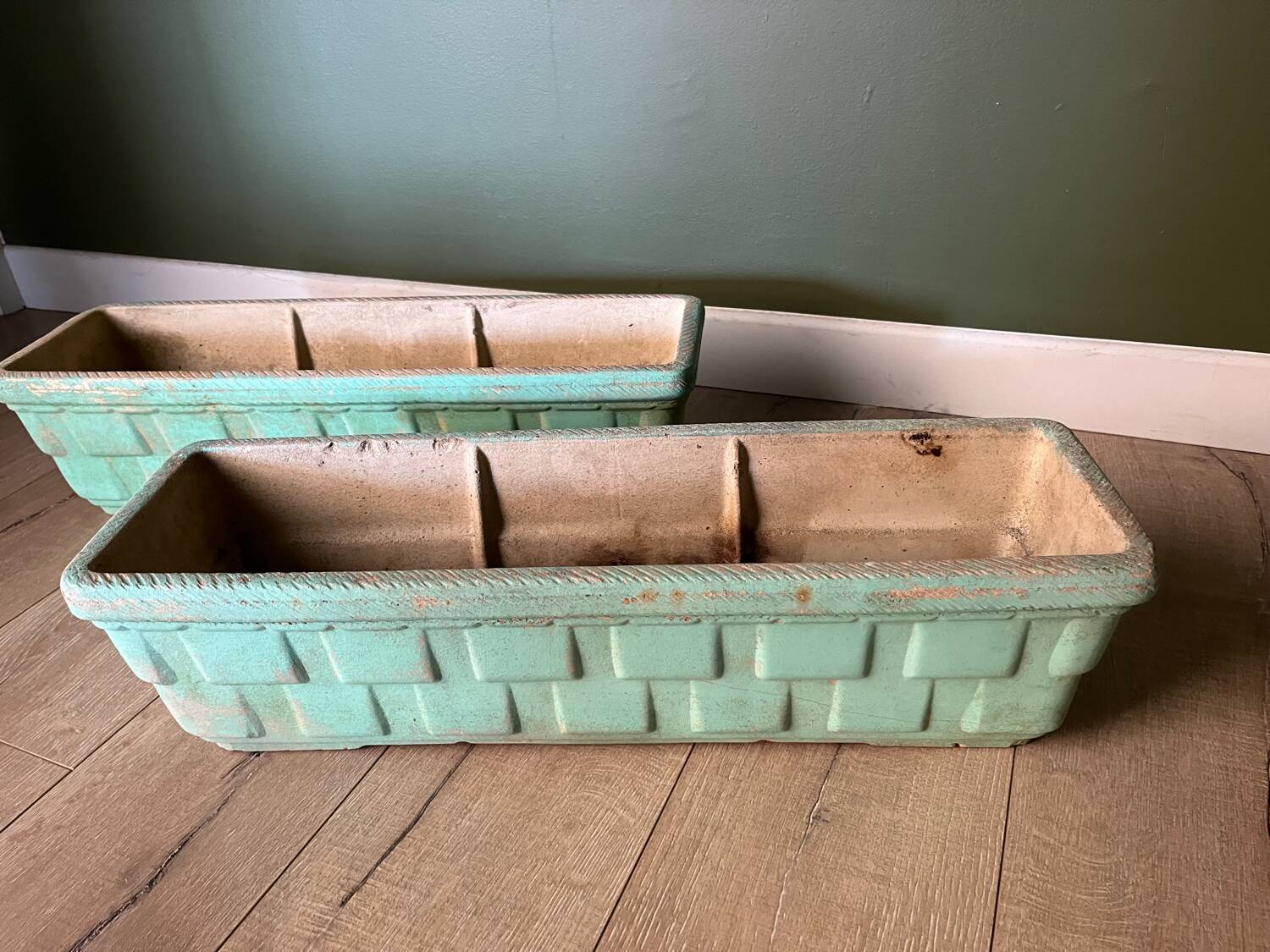 2 water green stone planters, 1950s-60s