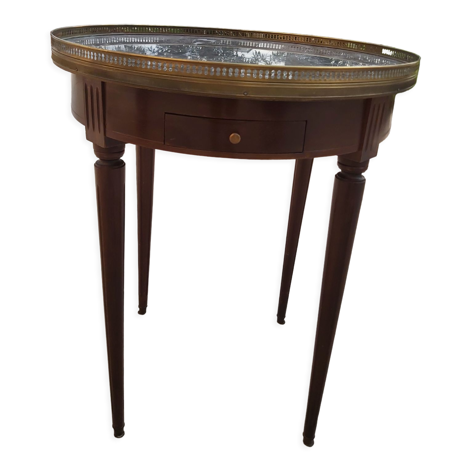 Gray marble mahogany pedestal table and brass gallery