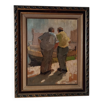 OIL PAINTING ON TABLE FIGURES LIVORNO FIRST HALF OF THE 20TH CENTURY SIGNED