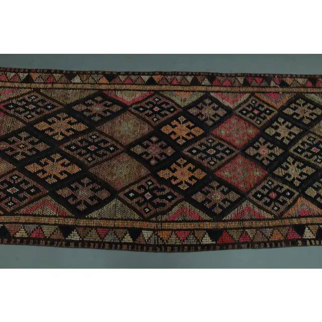 1970s Vintage Turkish Oushak Handmade Wool Cotton Pink Runner Rug 85x377