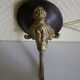 Wall lamps, opaque corolla and iridescent ochre lampshade, brass and wood support