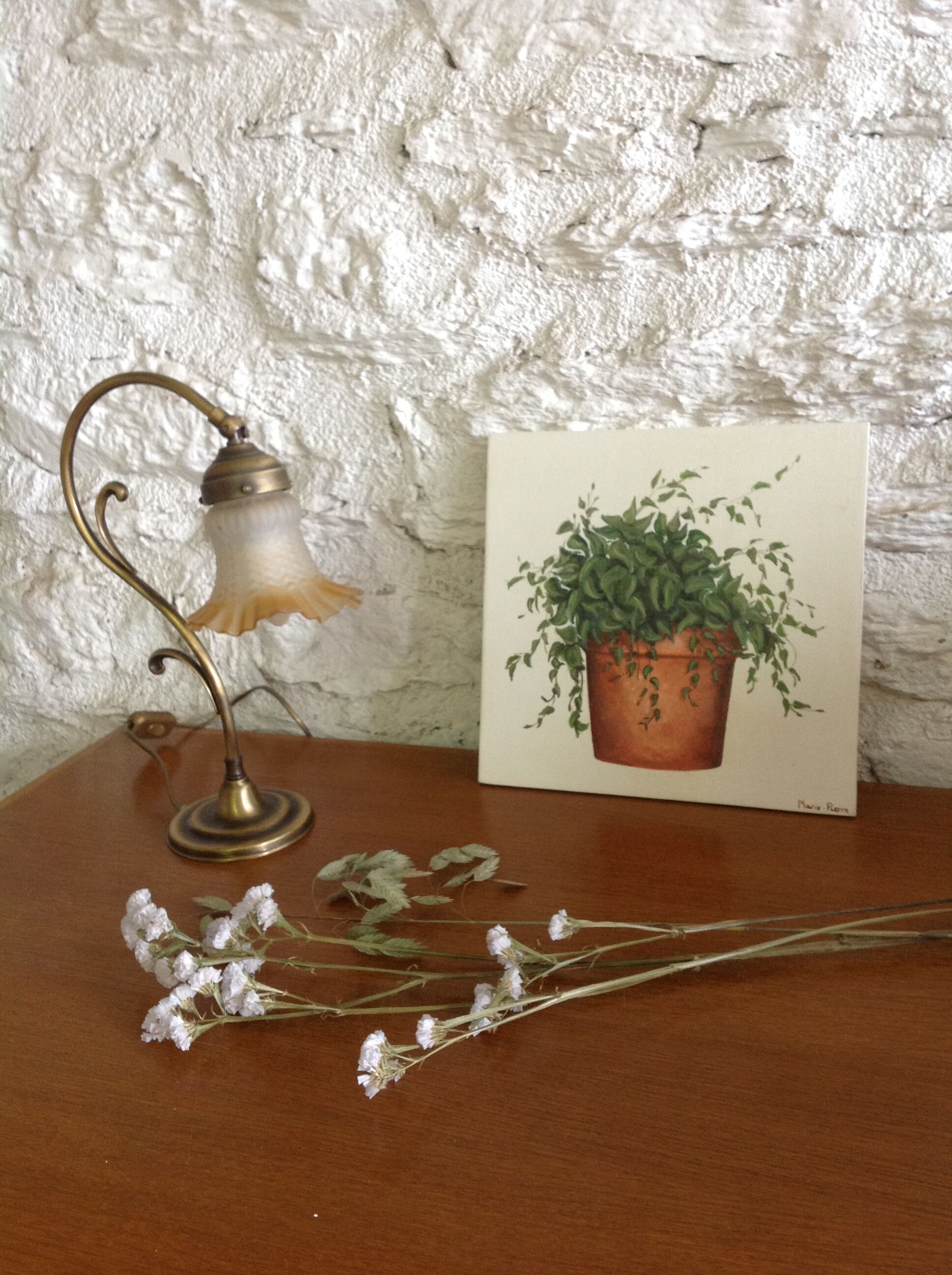 Old table lamp brass vintage tulip glass