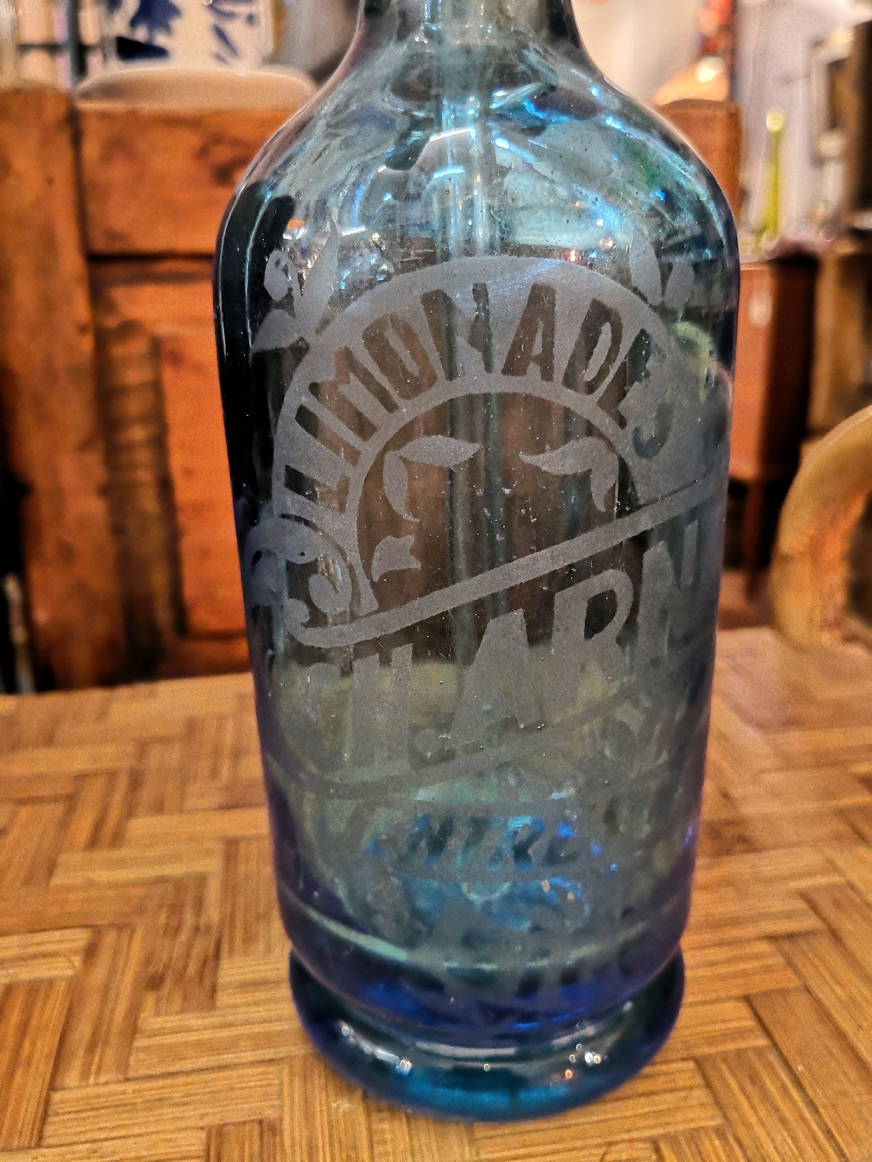 1/2 old siphon engraved in blue glass