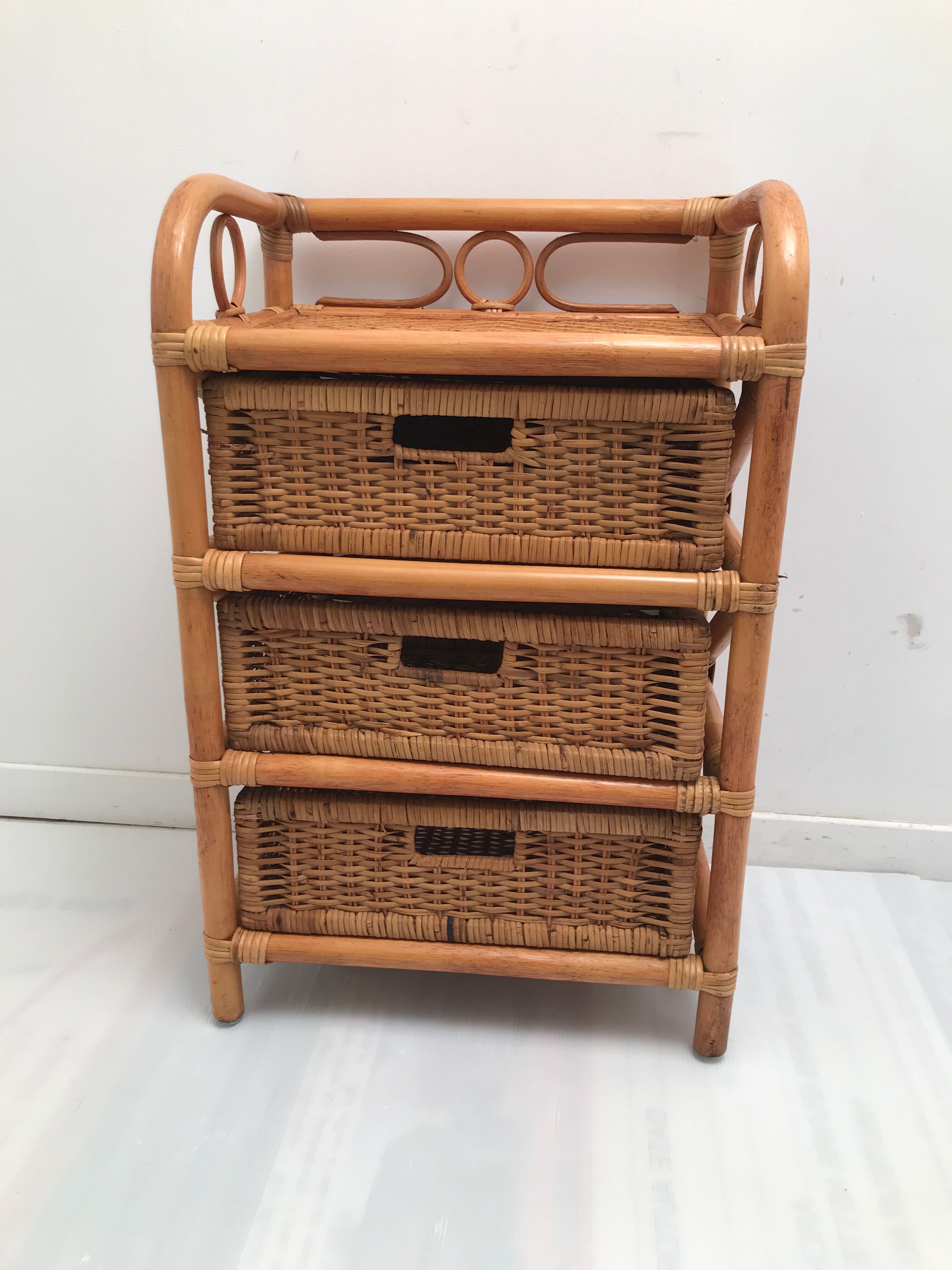 Rattan wicker storage cabinet with 3 vintage drawers