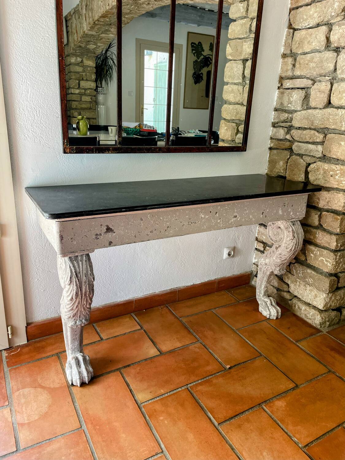 Empire style console table in wood and marble