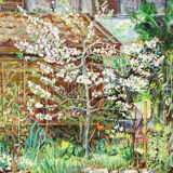 Garden with flowering apple tree – oil painting by Alexander Michael, 1997
