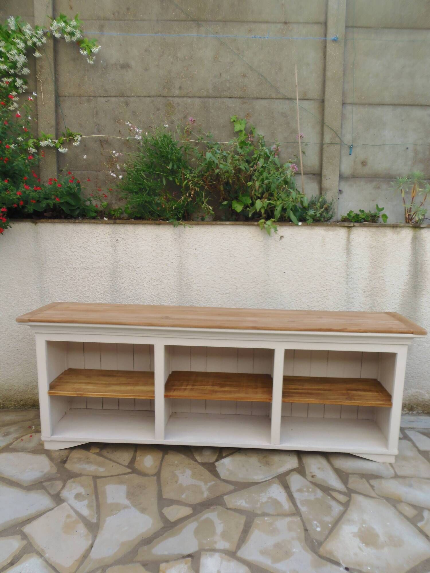 Craft furniture enhanced in pearl gray, shelves and top in raw wood.