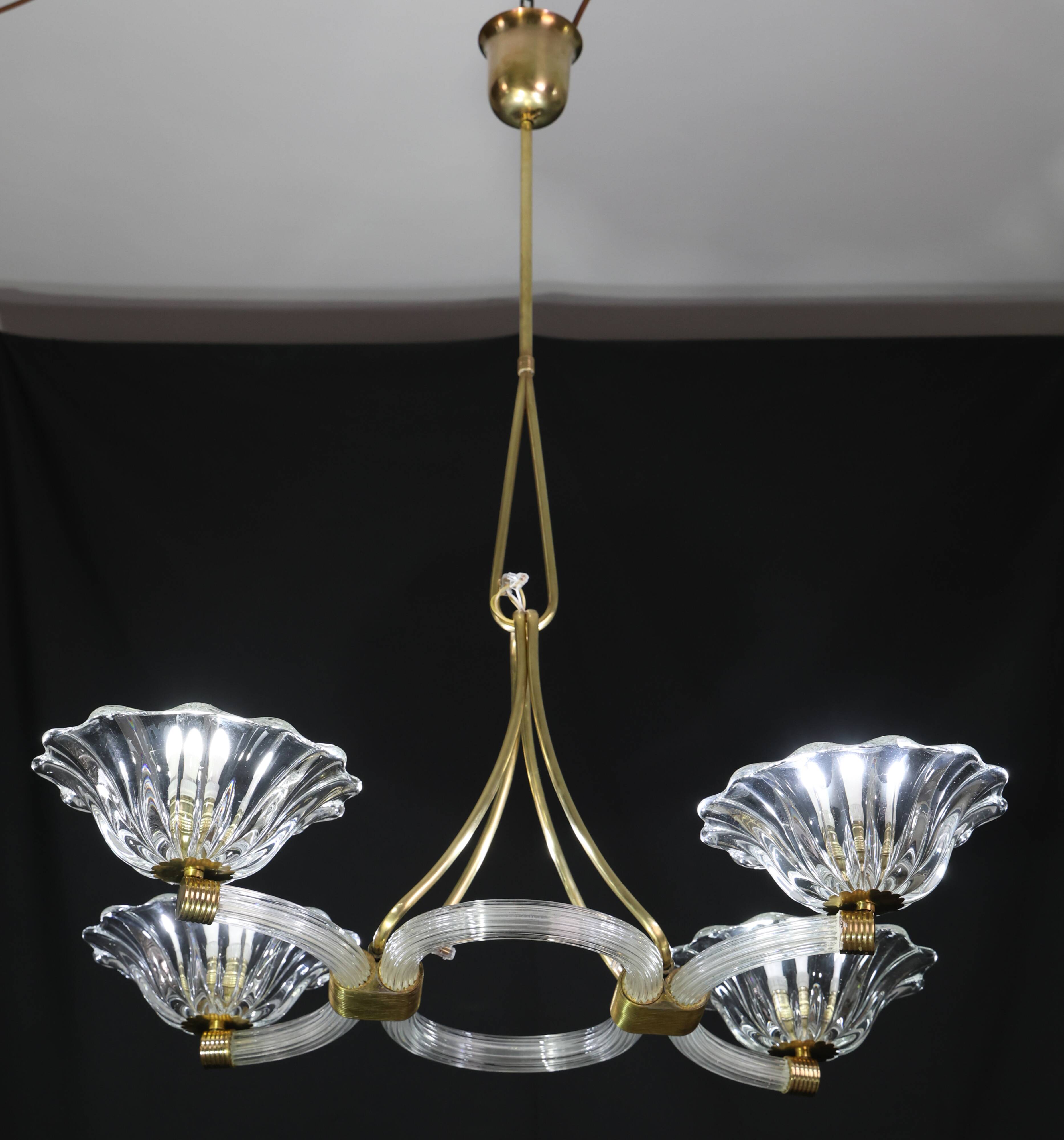 Extraordinary Art Deco Murano Glass and Bronze Chandelier by Barovier&Toso, 1950
