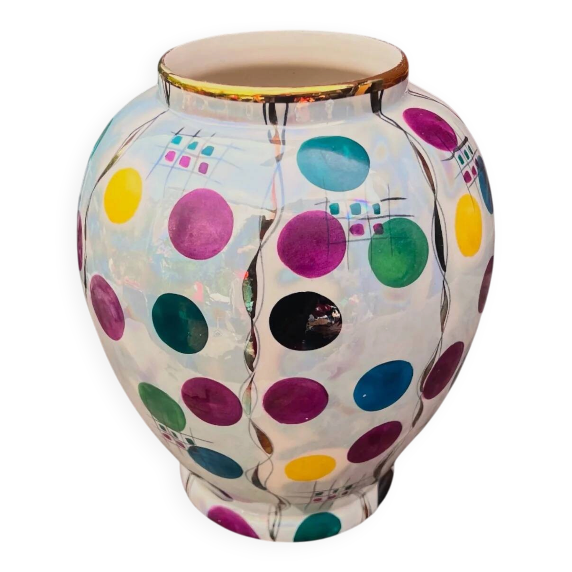 Vase Hubert Bequet Quaregnon en Faïence Nacrée Décor Confetti - Années 50-60