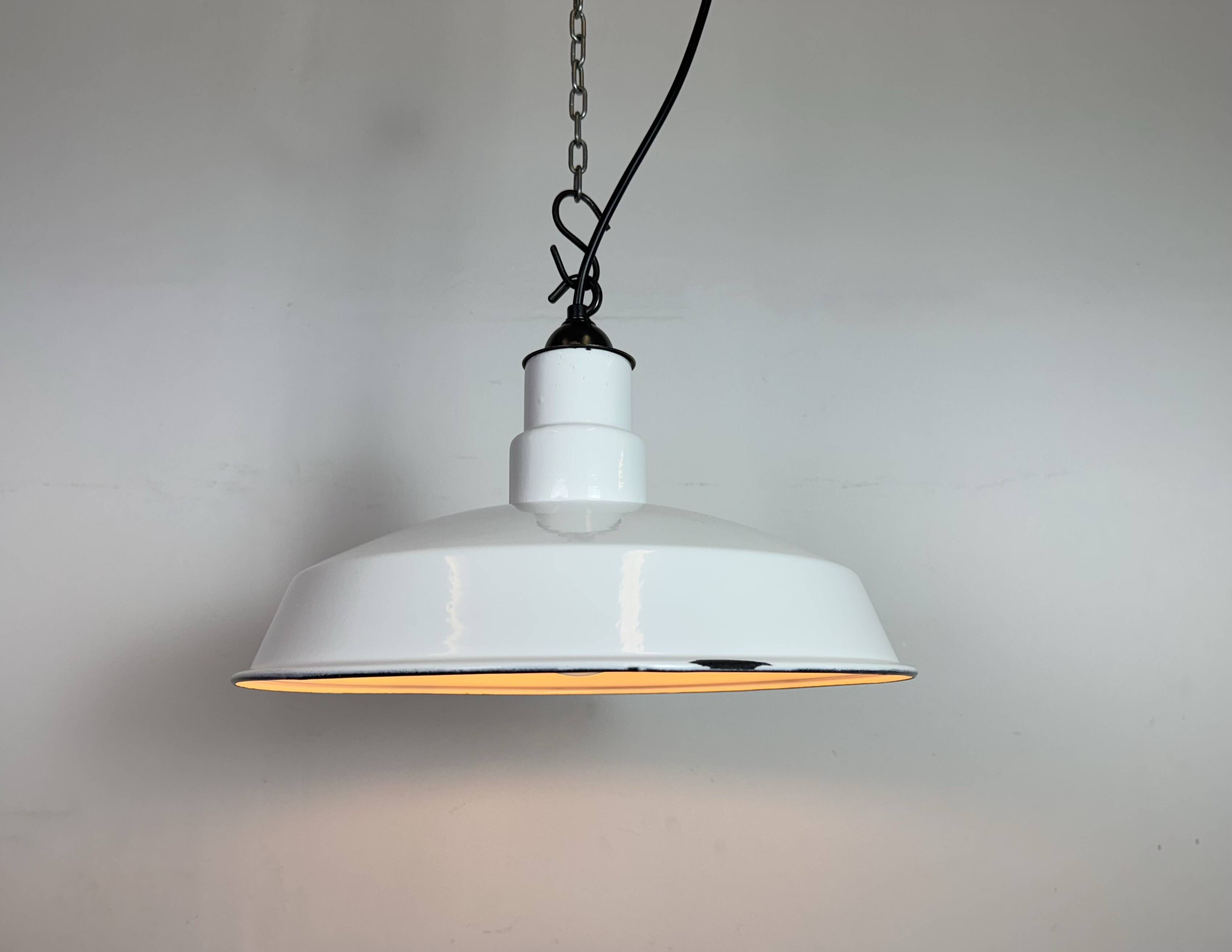 Industrial White Enamel Factory Pendant Lamp, 1960s