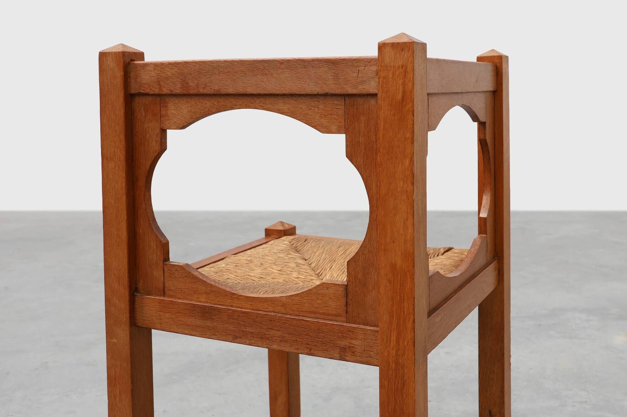 Art Deco Oak Corner Chair with Cut‑Out Backrest and Rush Seat, Belgium, cir