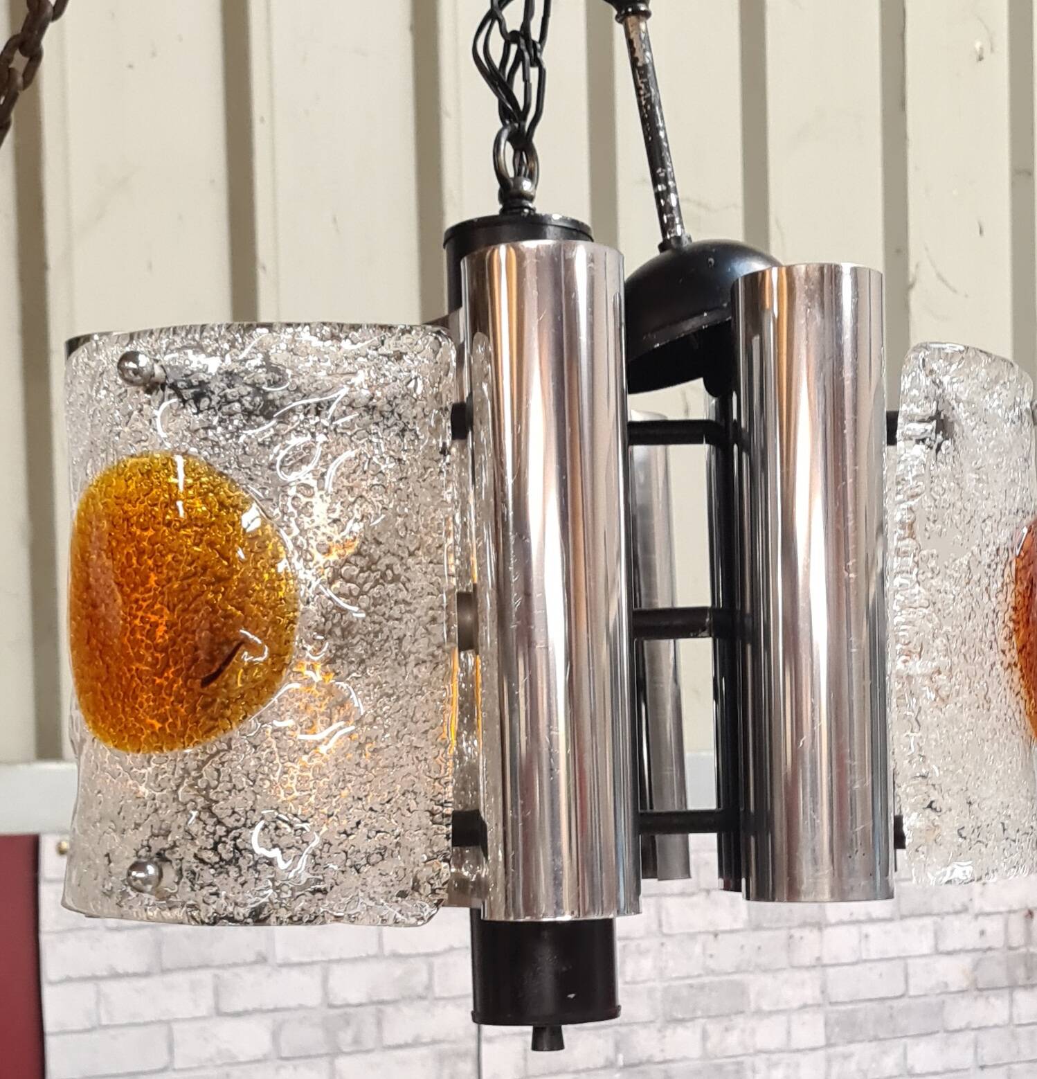 Murano chandelier 1970, Mazzaga chain 55x32x40 chrome and glass