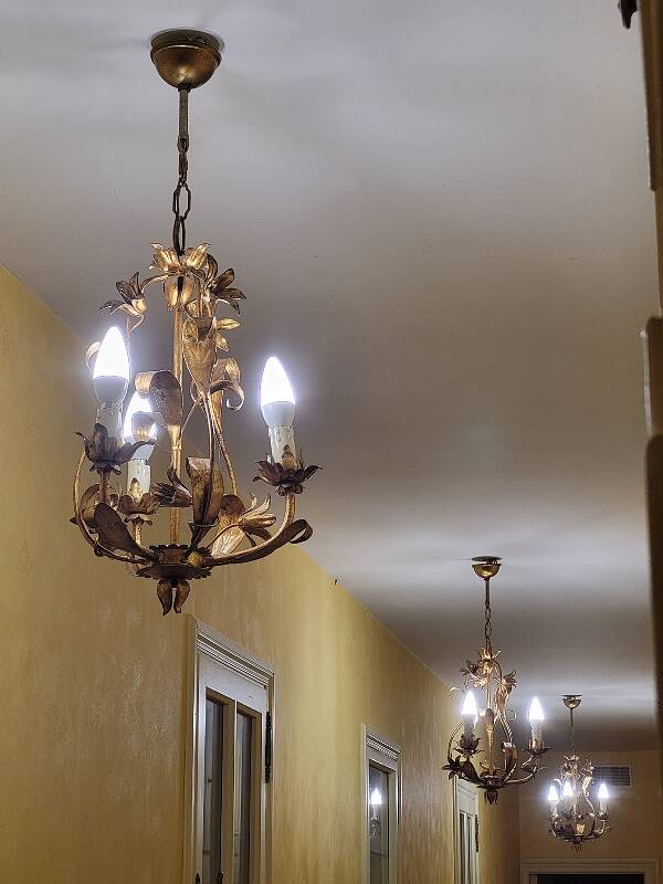 Set of 3 gold painted metal chandeliers