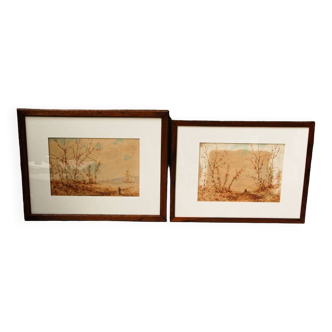 Pair of watercolors, animated landscapes, L. Meyer