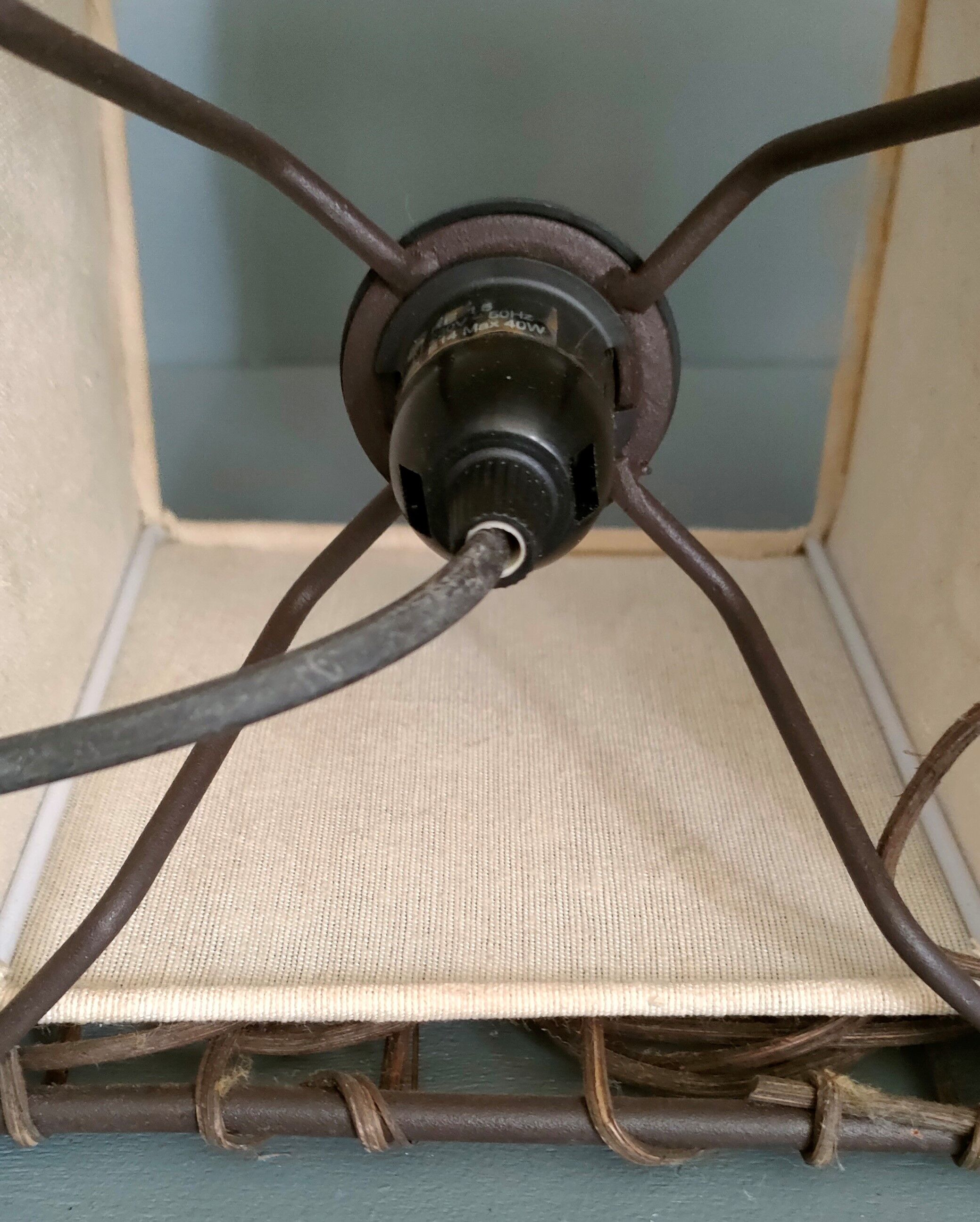 Pair of ethnic table lamps - braided water hyacinth roots, wrought iron, cotton